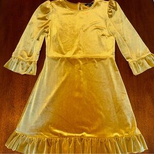 Forever 21 Yellow Mustard Velvet Ruffle Knee Length Dress 3/4 Sleeve Size Medium